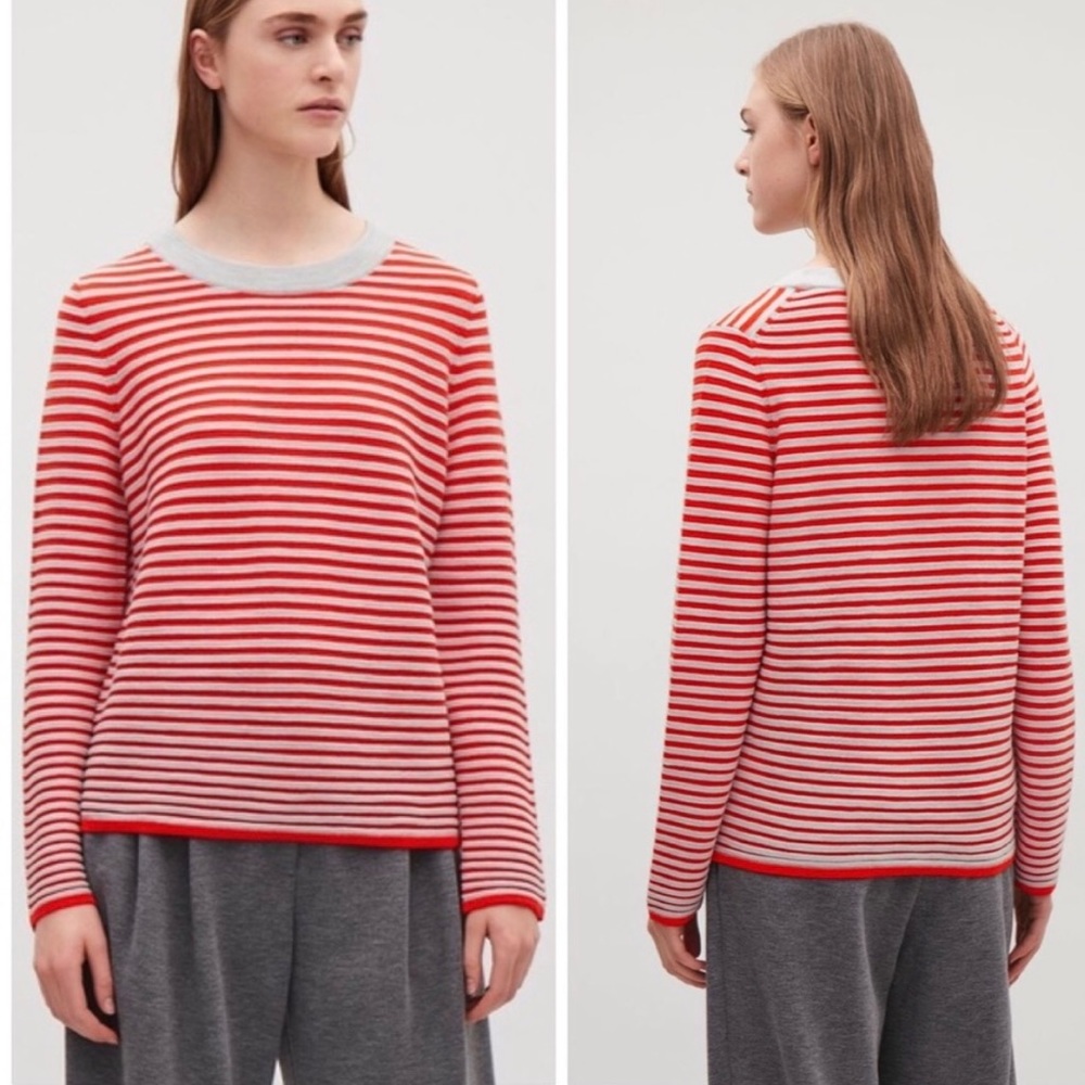 COS Fine Knit Striped Red Grey Pullover Sweater